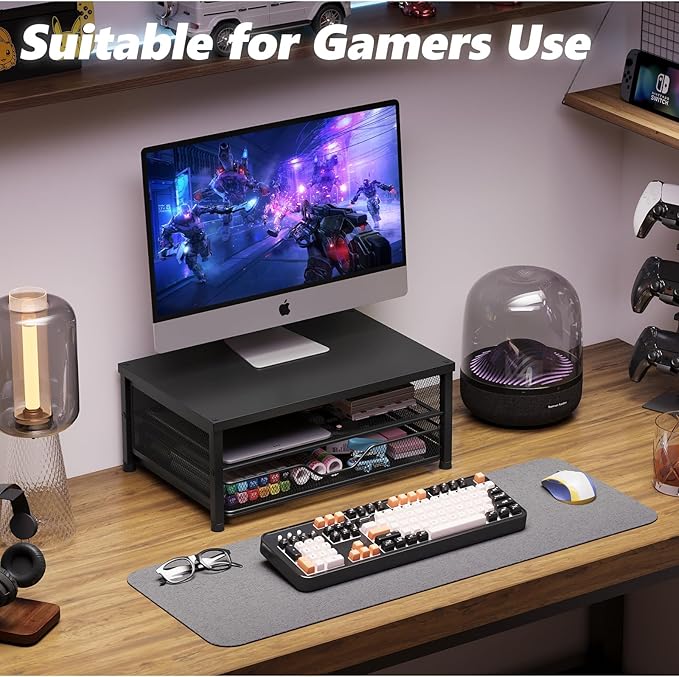 OPNICE Computer Monitor Stand Riser, Desk Organizer with Drawer, Printer & Laptop Stand, Office Desk Accessories & Workspace Desktop Organizers Storage for Office Supplies(Black)