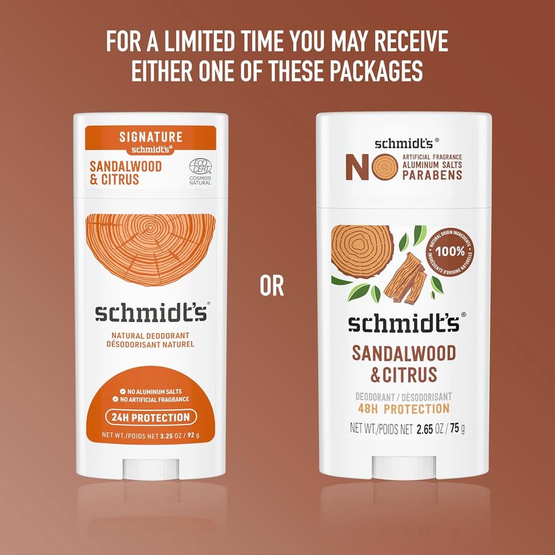 Schmidt's Vegan Deodorant - Aluminum-Free Sandalwood & Citrus | 24-Hour Odor Protection, 2.65 oz