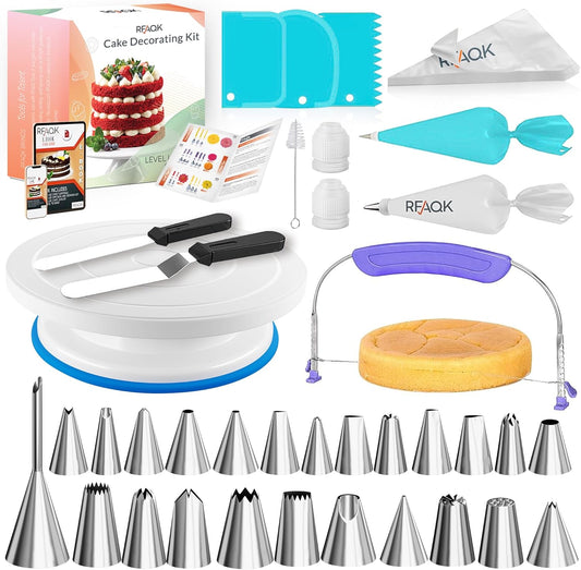 RFAQK 90-Piece Cake Decorating Kit - Complete Baking Supplies with Turntable, Icing Tips & Spatulas