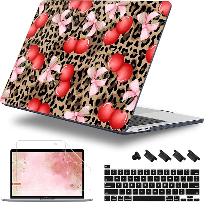 Lepeoac Case for MacBook Pro 13 inch Case M2 2022-2016 A2338 M1 A2251 A2289 A2159 A1989 A1708 A1706, Plastic Hard Shell + Keyboard Cover + Dust Plug, Leopard Cherry