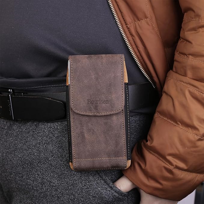 Bourisen Universal Phone Holster Phone Pouch Case Belt Clip Belt Loops Card Slot Faux Leather for Man iPhone 17/16/15pro max,16/15Plus,Samsung S25 24 S23 S22 Ultra (Brown&Yellow, XL(6.6"x3.4"x0.8"))