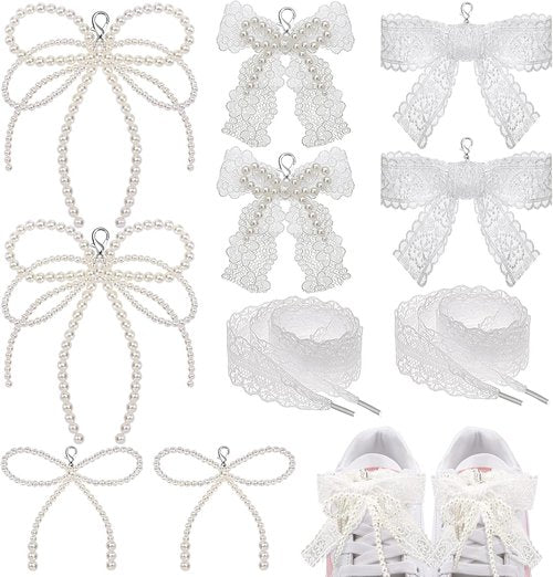 Draupnir 8 Pcs Pearl Lace Bow Shoe Charms - Aesthetic DIY Decorations for Sneakers & Accessories