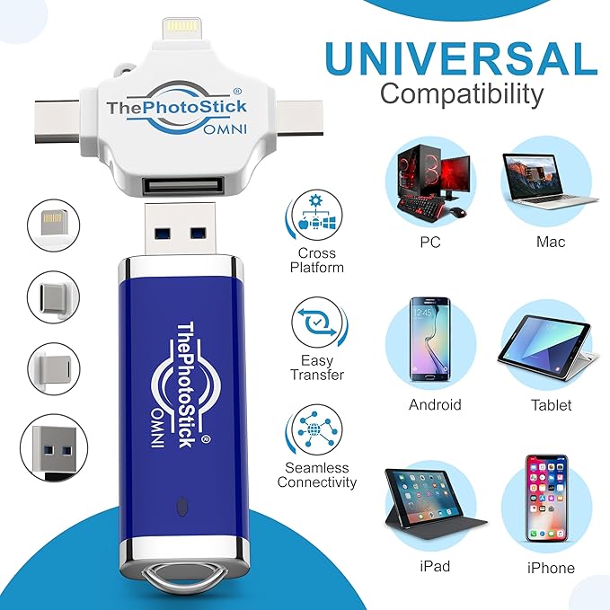 ThePhotoStick® Omni 256GB USB Flash Drive & Memory Stick – Automatic Photo & Video Backup for iPhone, Android, Mac & PC – Multiport Connection to Easily Store & Transfer Files