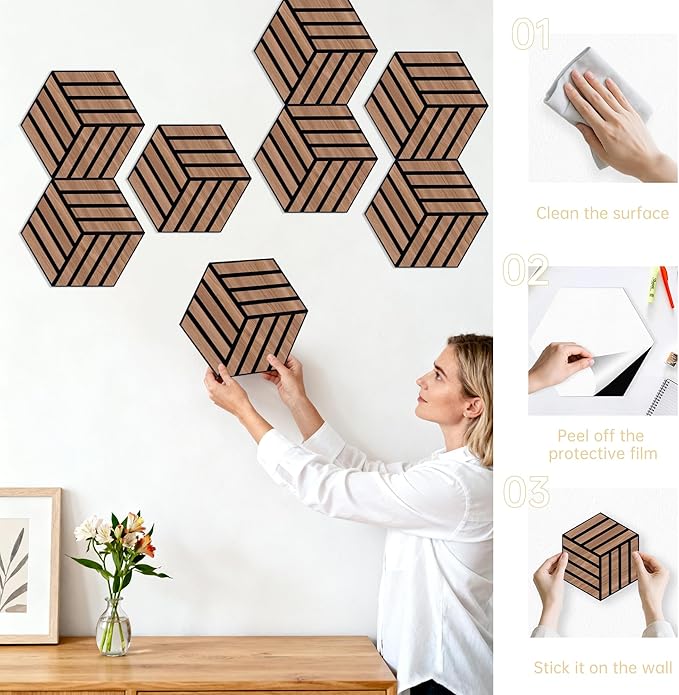 Mollywell Acoustic Panels, PVC Wood-Grain, 14x12 Inch Hexagon Carved Sound Proof Wall Tiles, Self-Adhesive High Density Felt for Home Theater/Studio/Office Echo Reduction, 12 Pack Walnut, TH4
