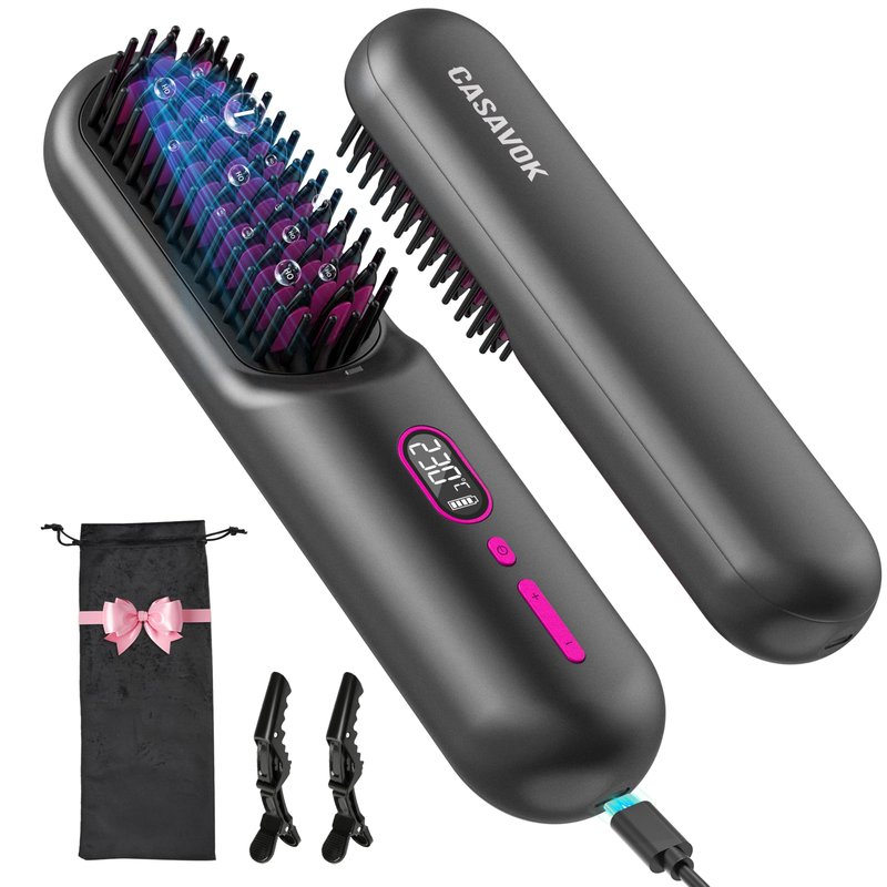 Cordless Hair Straightener Brush for Travel,Mini Hair Straightener Comb with Negative Ion,Portable hot Brush Hair Straightener for Women, Rechargeable 9600mAh Battery, Anti-Scald,12 Temp-Setting