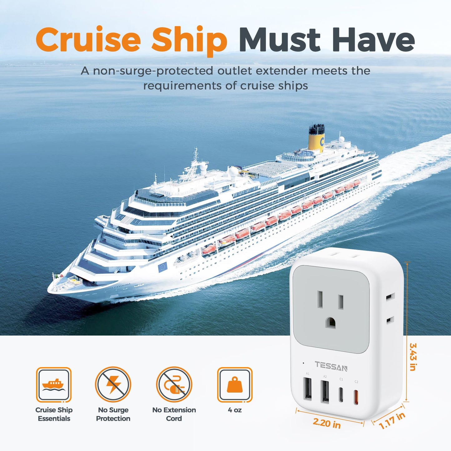 TESSAN USB C Charger Block 20W PD, Fast Charging Adapter with Foldable Plug, 1875W Power Outlet Extender(4 AC and 4 USB) for Cruise, Home, Office, Dorm Room Essentials, Grey