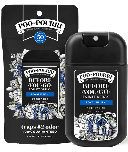 Poo-Pourri Before-You-Go Pocket Toilet Spray, Travel Essentials, Royal Flush, 1 Fl Oz, Up to 50 Uses, On-The-Go Bathroom Odor Deodorizer with Essential Oils, TSA Approved Size, Eucalyptus & Spearmint