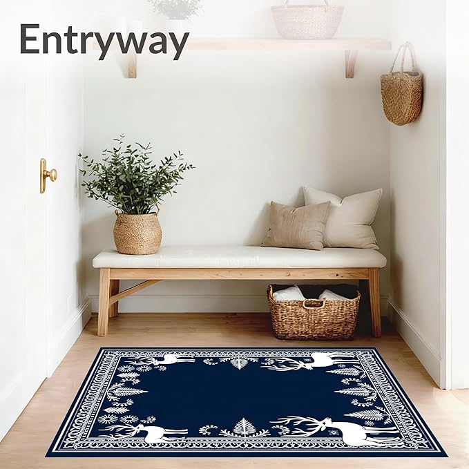 Flatwoven High Traffic Area Rug 6x9, Enchanted Forest December Shower Curtain Full Restroom Kit, Non Slip, Stain Resistant, Washable Area Rugs for Living Room, Bedroom (Blue, 6x9, Pad)