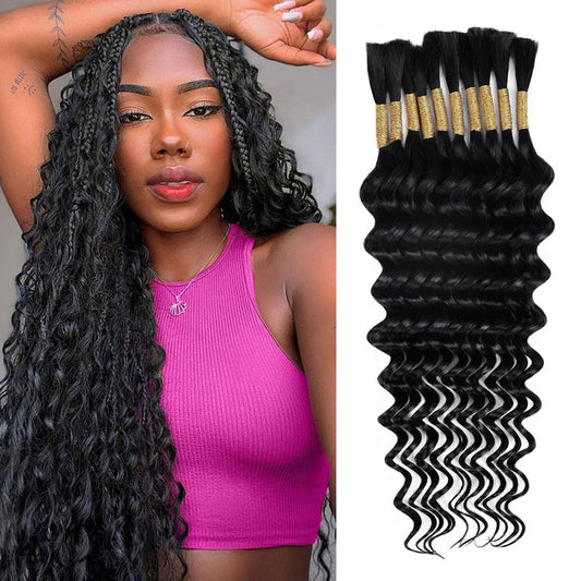 Human Braiding Hair 12A Deep Water Wave Bulk Human Hair 75g 18 Inch No Weft 10 Braids Per Pack Wet and Wavy Braiding Natural Black