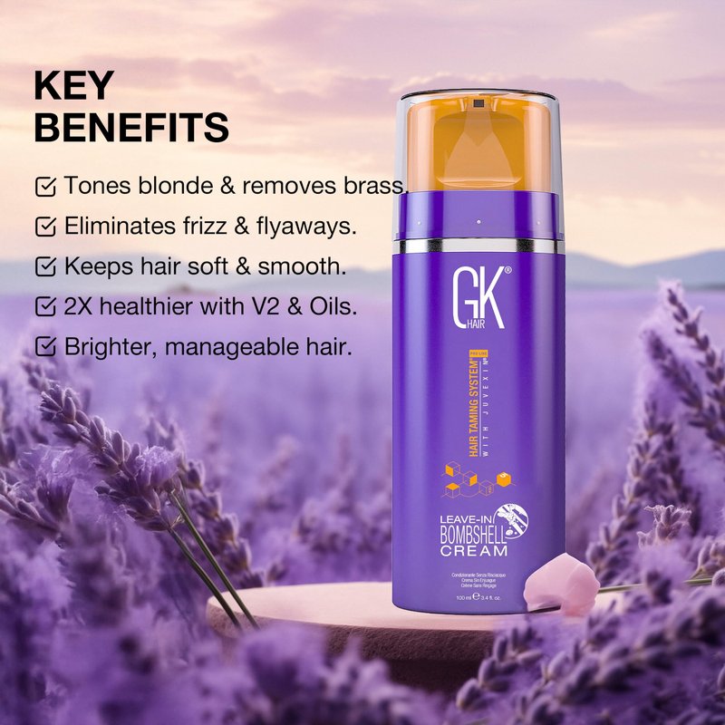 GK HAIR Leave In Bombshell Purple Cream – Purple Leave In Conditioner, Hair Toner for Brassy Hair, Hydrating, Frizz Control for Blonde & Damaged Hair 3.4 Oz