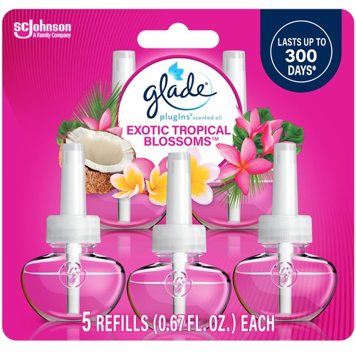 Glade PlugIns Refills Air Freshener, Scented and Essential Oils for Home and Bathroom, Exotic Tropical Blossoms, 3.35 Fl Oz, 5 Count