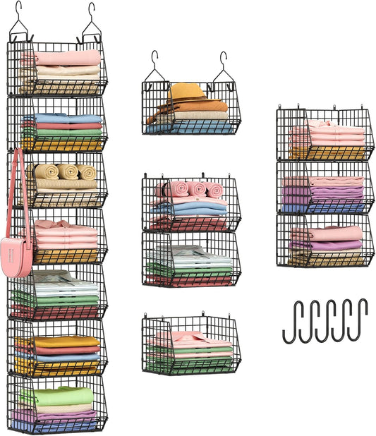 X-cosrack 7-Tier Foldable Hanging Closet Organizer - Wire Shelving with 4 Large Hooks & 5 S Hooks for Clothes & Handbags