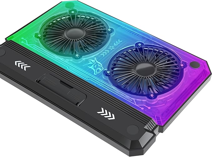 Porodo Gaming Crystal Shell Laptop Cooling Pad with Phone Holder, Dual High-Speed Fans, 8-Level Adjustable Height, RGB Lighting, Anti-Slip Base, USB-A & USB-C Ports – Black (for 10-17” Laptops)