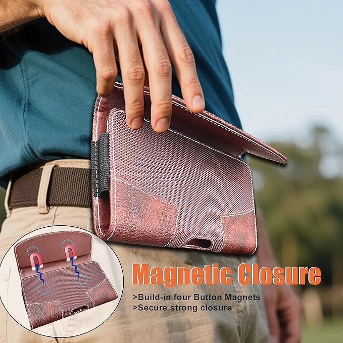 Maezar Leather Phone Holster for Men with Belt Clip, Cell Phone Holder for iPhone 17/16/15/14/13/12/Pro Max & Plus,Galaxy S25/24/23 Ultra & Plus,S24 FE,Belt Pouch Case Magnetic Closure (Brown-XL)