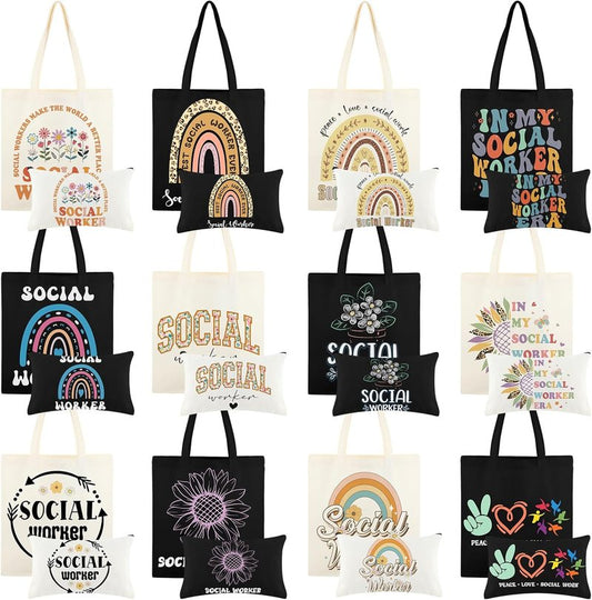 Social Worker Gifts - 24 Pcs Canvas Tote & Zip Makeup Bags | Appreciation Gifts for BSW, MSW, DSW, LCSW