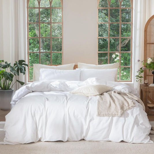 MooMee Bedding Duvet Cover Set 100% Washed Cotton Linen Like Textured Breathable Durable Soft Comfy (Solid Bright White, Queen 90"x90")
