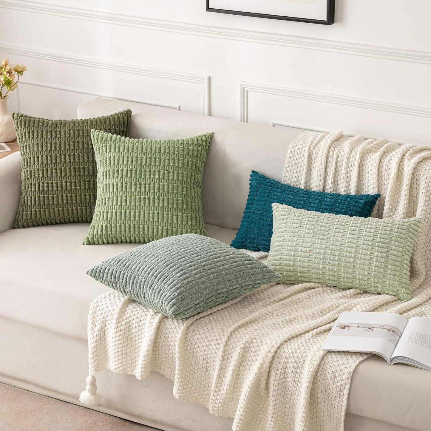 MIULEE Euro Sham Pillow Covers - Soft Boho Striped Corduroy | Pack of 2, 24x24 Inch, Olive Green