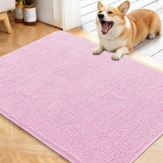 OLANLY Dog Door Mat - Absorbent Non-Slip Washable Doormat for Muddy Paws | 40x32 Pink Chenille Mat