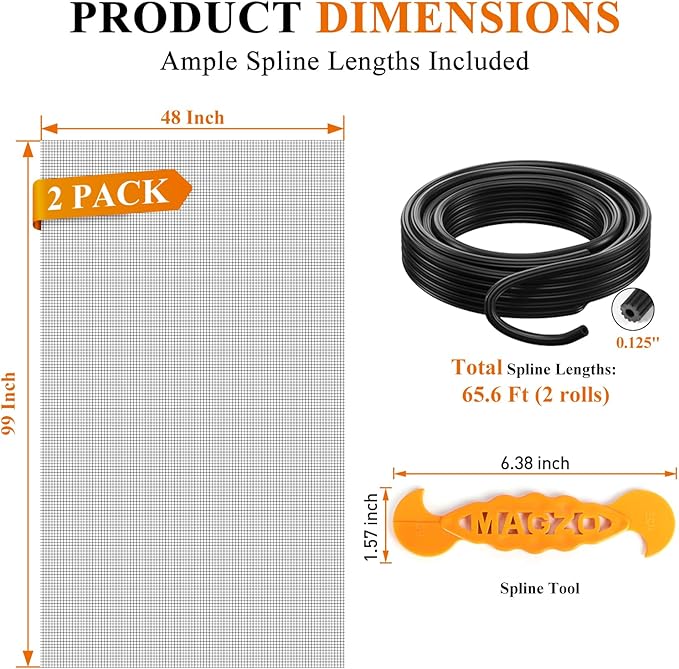 2PACK MAGZO Window&Door Screen Replacement Kit, 48''W x 99''L, with Retainer Spline (Total 65.6 FT) and Press-Fit Roller Tool, Scratch-Proof Polyester, Net Roll Repair for Sliding/House Windows, Black