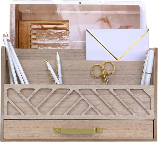 BLU MONACO | Wooden Mail Organizer with Drawer and Gold Handle | Outgoing Mail Holder and Letter Sorter for Desk | Natural Wood Desktop Paper Organizer