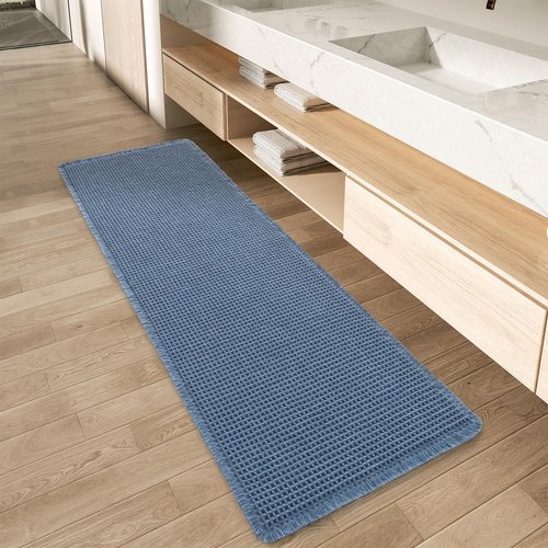 AMOAMI Upgraded Waffle Runner Rug Super Absorbent Non Slip Bath Mats for Bathroom Floor Washable Bathroom Runner Rug with Tassels, Ideal for Hallway Bedroom Laundry Room, Blue, 2' x 4'(24" x 48")