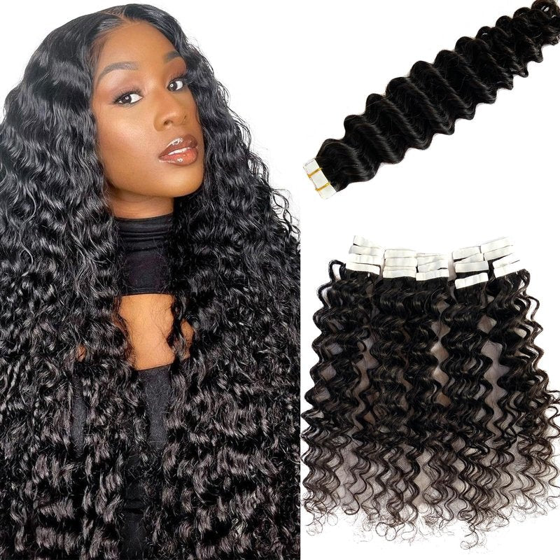 Deep Wave Tape in Hair Extensions Human Hair, Black Hair Extensions Real Remy Human Hair Curly Tape ins for Black Women, 50g/pack 20pcs Double Sided Invisible Tape Hair Extension 14 Inch