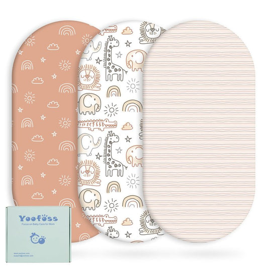 Yoofoss Bassinet Sheets for Baby,3-Pack Fitted Bassinet Sheets Set Compatible with Halo Bassinest Swivel Sleeper,Baby Delight,Angelbliss,Soft Breathable Bassinet Mattress Sheets (Brown+Animals)
