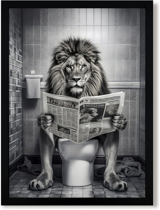 URMOYA Majesty Lion Bathroom Wall Art - Funny Canvas Print of Lion Reading Newspaper | 12x16 Inch Framed Decor