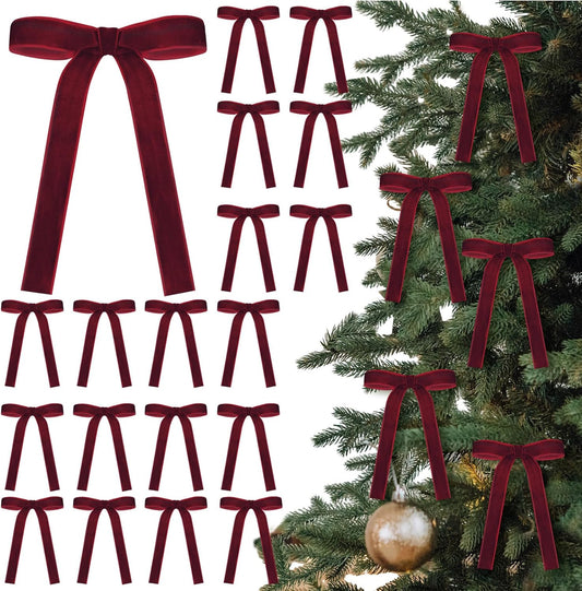 Skiennix 24 Pcs Velvet Bows - Vintage Ribbon Bows for Christmas Tree & Crafts | Burgundy, 5 x 7 Inch