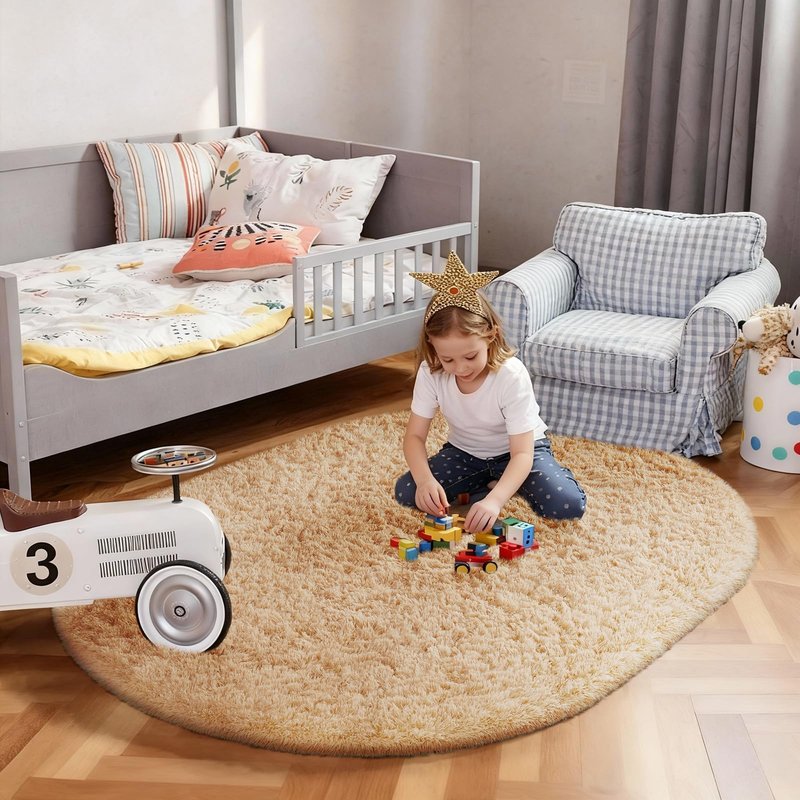 Ophanie 3x5 Oval Rug, Bedside Preppy Dorm Area Rug, College Essentials Non Slip Beige Small Carpets for Bedroom, Anti Slip Fluffy Living Room Rugs Home Decor Aesthetic, Nursery