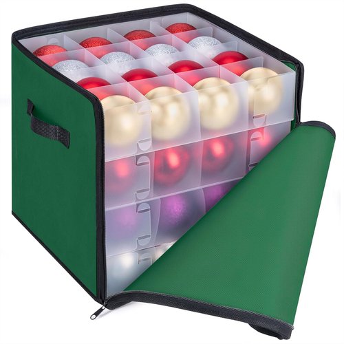 BALEINE Christmas Ornament Storage Box - Premium Holiday Container with Dividers for 64 Balls | Green Soft Design