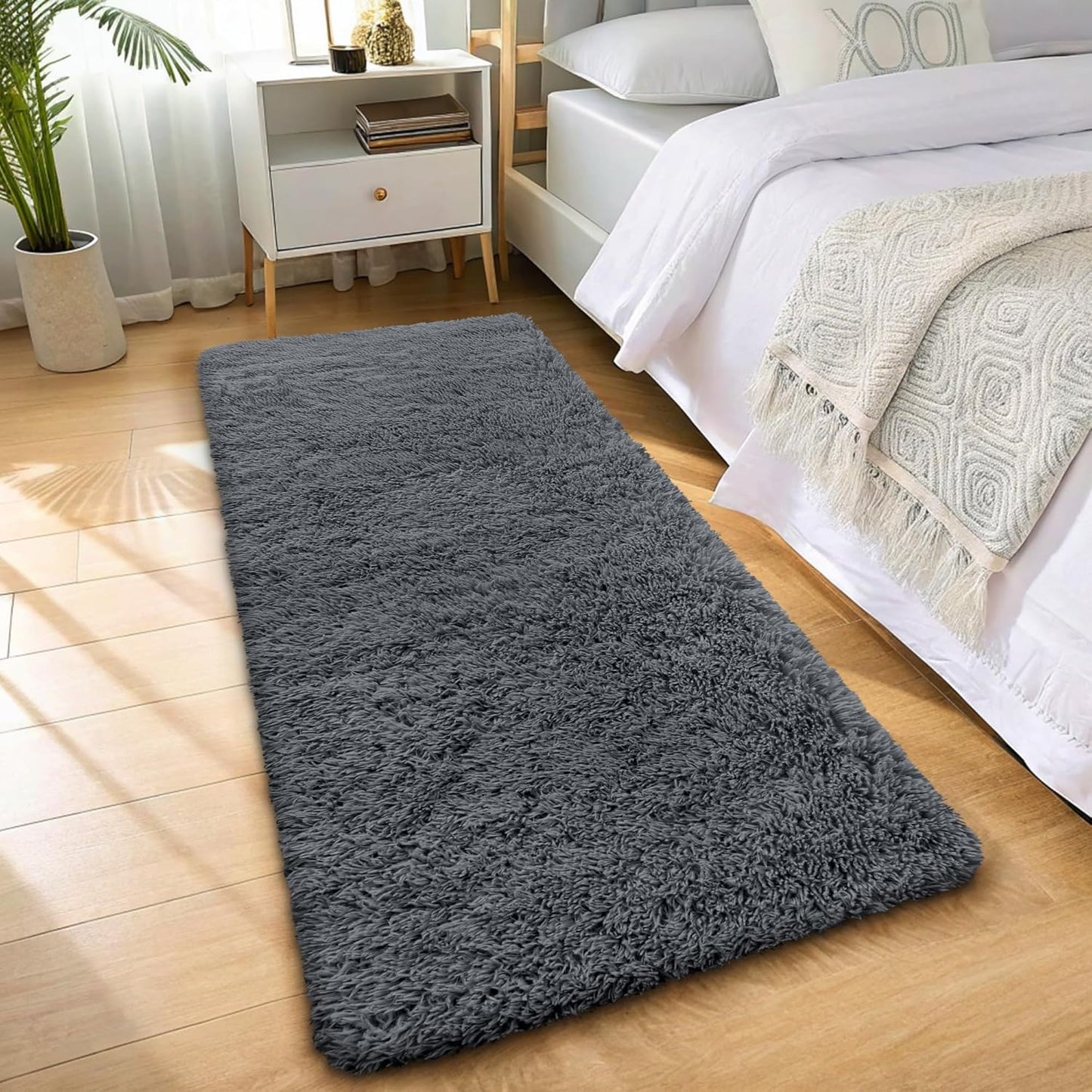 OLANLY 3x6 Machine Washable Runner Rug - Soft Fluffy Shaggy Carpet for Bedroom & Hallway - Grey