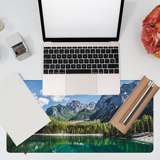 KOAIWPAE Desk Mat, Lake Mountain Landscape Desk Pad, The Alps Large Gaming Mouse Pad for Desk, 31.5"x15.7" Extended Big Computer Keyboard Mouse Pad with Non-Slip Base and Stitched Edge