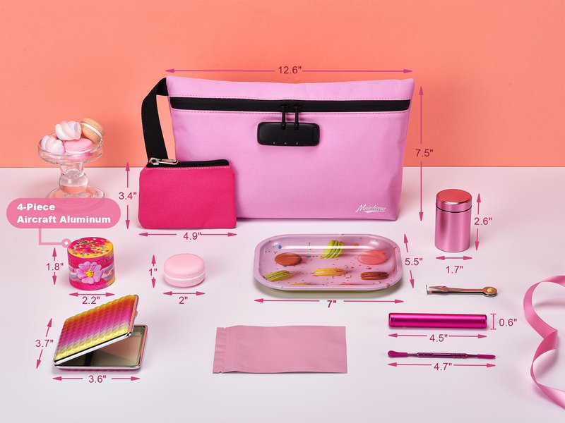 MAICHENG Smell Proof Bag with Combination Lock and 10 Accessories, Travel Medicine Odorless Storage Lock Box Case Container, Unique Design, Ideal Gift for Women, Pink