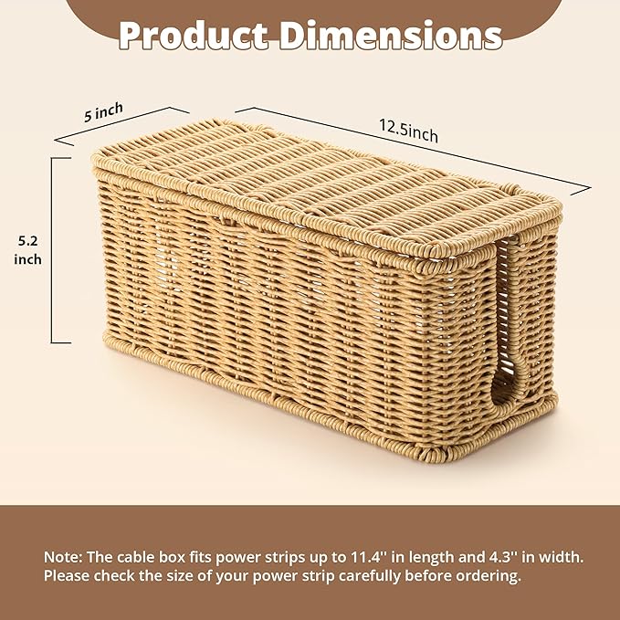 ZhiYo Rattan Cable Management Box, Brown Cord Organizer, 12.5" x 5" x 5.2"