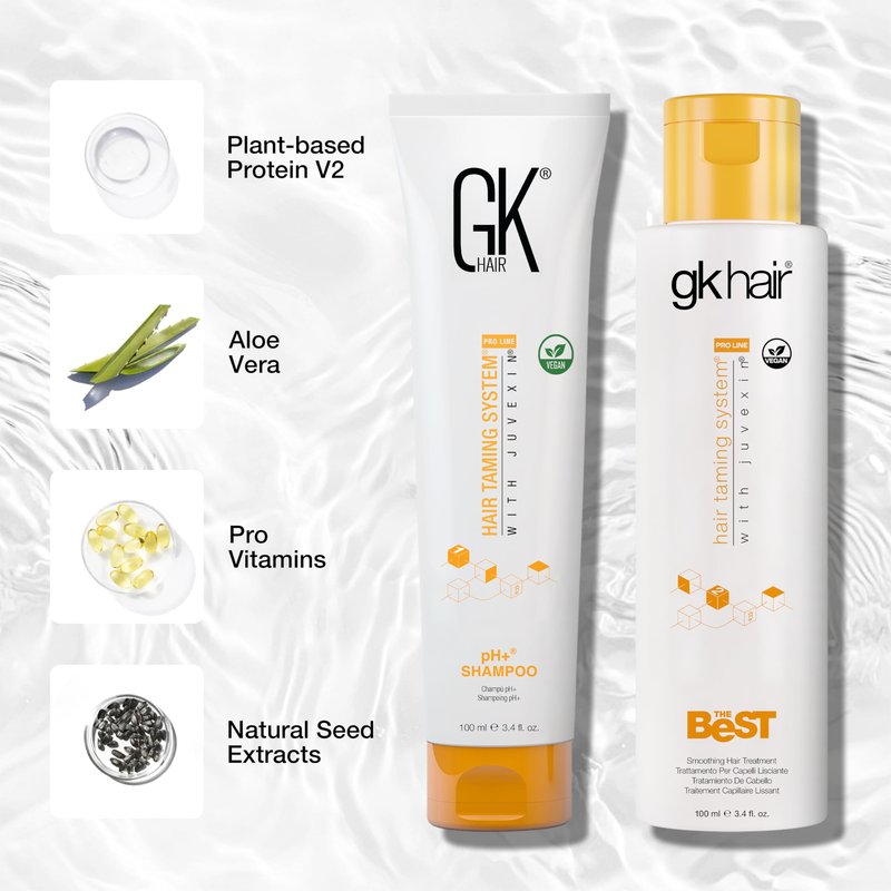 GK HAIR – Smoothing Keratin Treatment & pH Clarifying Shampoo Set 3.4 Oz – Frizz Control & Shine Enhancement System for Unruly, Strengthening Hair Healthy With Juvexin V2 Plant Protein & Aloe Vera