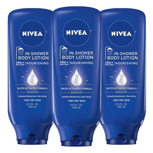 NIVEA Nourishing In Shower Lotion, Water Activated In Shower Moisturizer for Dry to Very Dry Skin, 13.5 FL OZ, Pack of 3