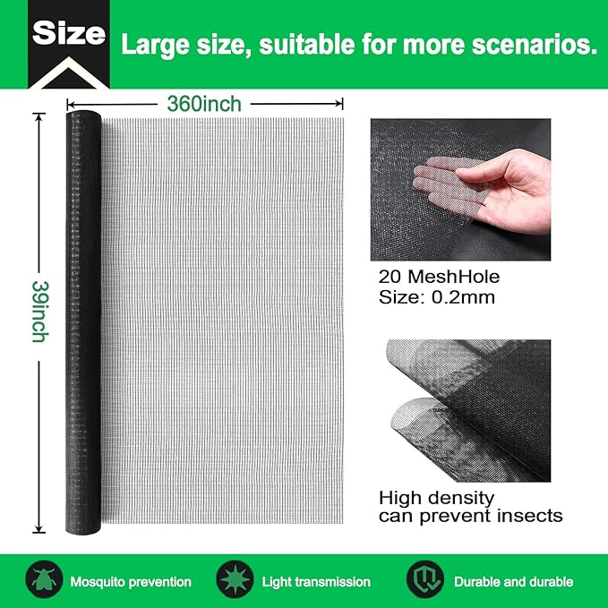QWR Pet Proof Window Screen Replacement,39''x 360'' Heavy Duty High Hardness Vinyl Coated Wire-Like Mesh,Cat Resistant Screen Mesh for Sliding Door,Patio,Windows(Rolled Package Without Tool Kit)