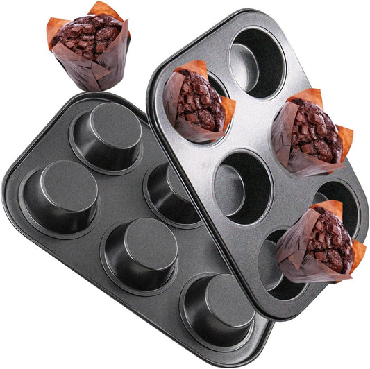 Premium Steel Muffin Pan by [Brand Name] - 2 Pack Round Bakeware for Cupcakes & Cheesecakes | 6 Cups, Black