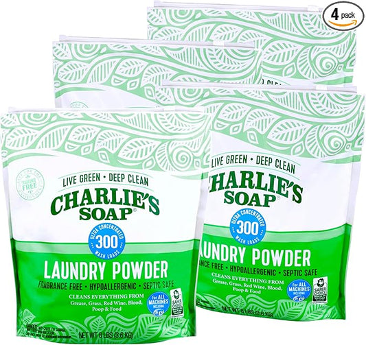 Charlieâs Soap Laundry Powder (300 Loads, 4 Pack) Fragrance Free Hypoallergenic Plant Based Deep Cleaning Laundry Powder â Biodegradable Eco Friendly Sustainable Laundry Detergent