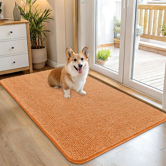 OLANLY Dog Door Mat - Absorbent Non-Slip Chenille Mat for Muddy Paws | 45x27 Inches, Quick Dry, Orange