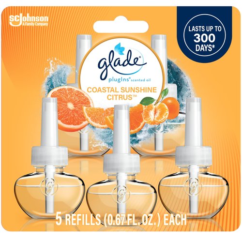 Glade PlugIns Refills Air Freshener,Coastal Sunshine Citrus, Scented and Essential Oils for Home and Bathroom, 0.67 Fl Oz, 5 Count