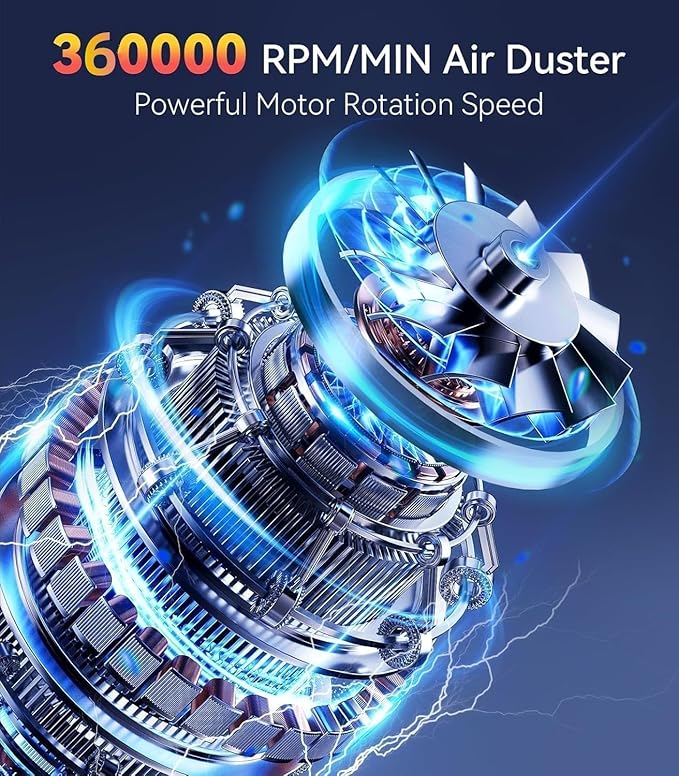 YUHUO Upgraded Compressed Air Duster, 360000 RPM Electric Air Duster with 5 Gear Power Motor, 8000mAh Rechargeable Cordless Mini Blower Jet Turbo Fan Replace Air Can for Computer Keyboard Car Outdoor