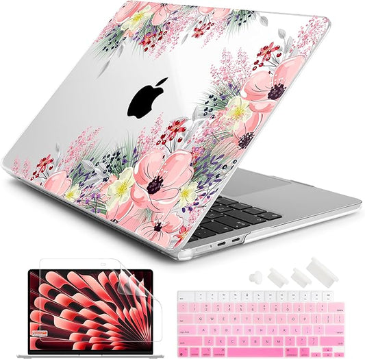 Batianda Premium Case for New MacBook Air 15 inch M5 2026 M4 2025 M3 2024 M2 2022 Model, Ultra Slim 1.2mm Glossy Protective Plastic Hardshell & Keyboard Cover & Screen Protector, Beautiful Floral