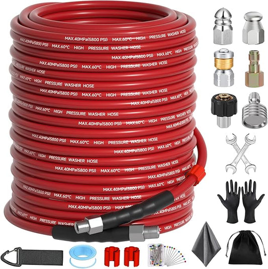 Sewer Jetter Kit 150FT for Pressure Washer, 5800 PSI Drain Cleaner Hose 1/4 Inch NPT with Spray Nozzle, Button Nose and Rotating Sewer Jetting Nozzle, Spanner Teflon Tape Pearl Corsage Pin
