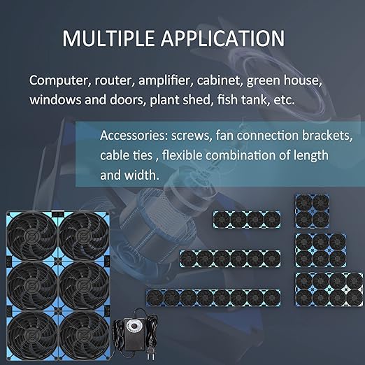 Upgraded 120mmx6 720mm Adjustable PC Ventilation&Exhaust Fan with Speed Controller for Flexible Arrange Greenhouse Server Rack GPU Mining Rig Crawl Space Electronics Cabinet Attic Shed Cooling