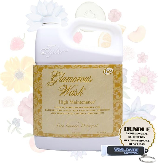 Worldwide Nutrition Bundle: Tyler Candle Company Glamorous Wash High Maintenance Scent Fine Laundry Liquid Detergent - 1.89L (64 Fl Oz) Container and Worldwide Nutrition Multi-Purpose Key Chain