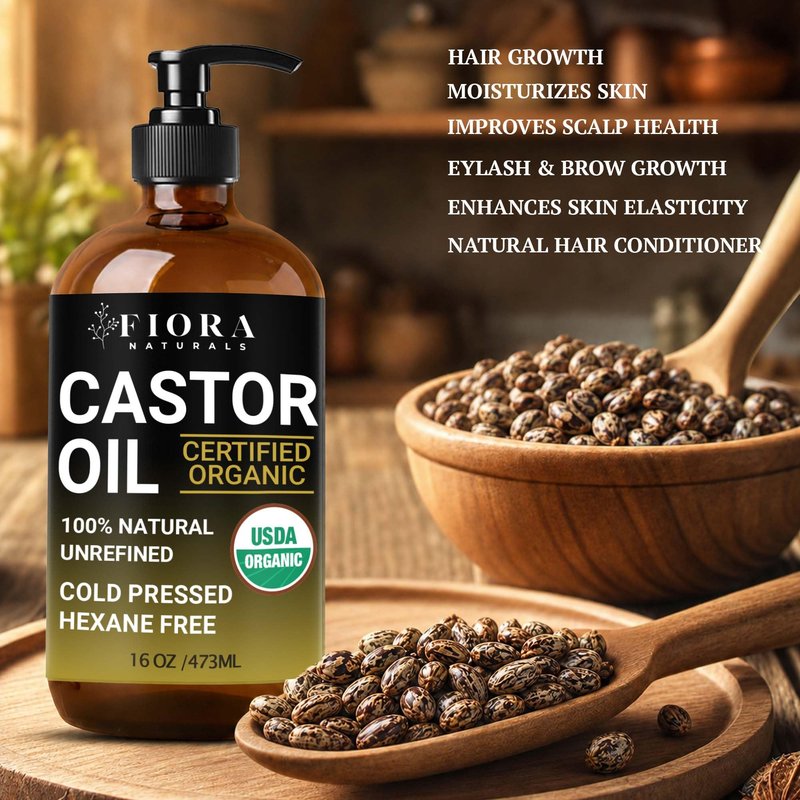 Fiora Naturals Organic Castor Oil in Glass Bottle – 16 Oz Cold Pressed & Hexane-Free – USDA Certified – Skin Moisturizer, Hair Growth Oil For Lashes, Brows, Skin & Scalp – with Pump