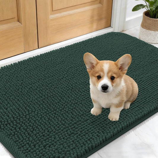 OLANLY Dog Door Mat - Absorbent Non-Slip Chenille Mat for Muddy Paws | 24x16 Inches, Blackish Green