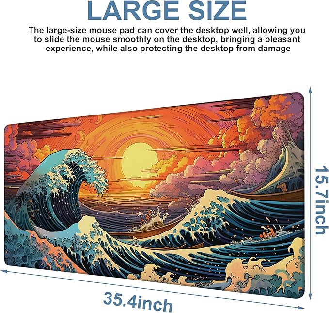 NITAHHHY Gaming Desk Pad Large Extra Length Japanese Blue Waves Mouse Pad Keyboard Laptop Non-Slip Waterproof with Rubber Base Thick Stitched Edge Mouse Mat for Office Home 35.4 x 15.7 Inches